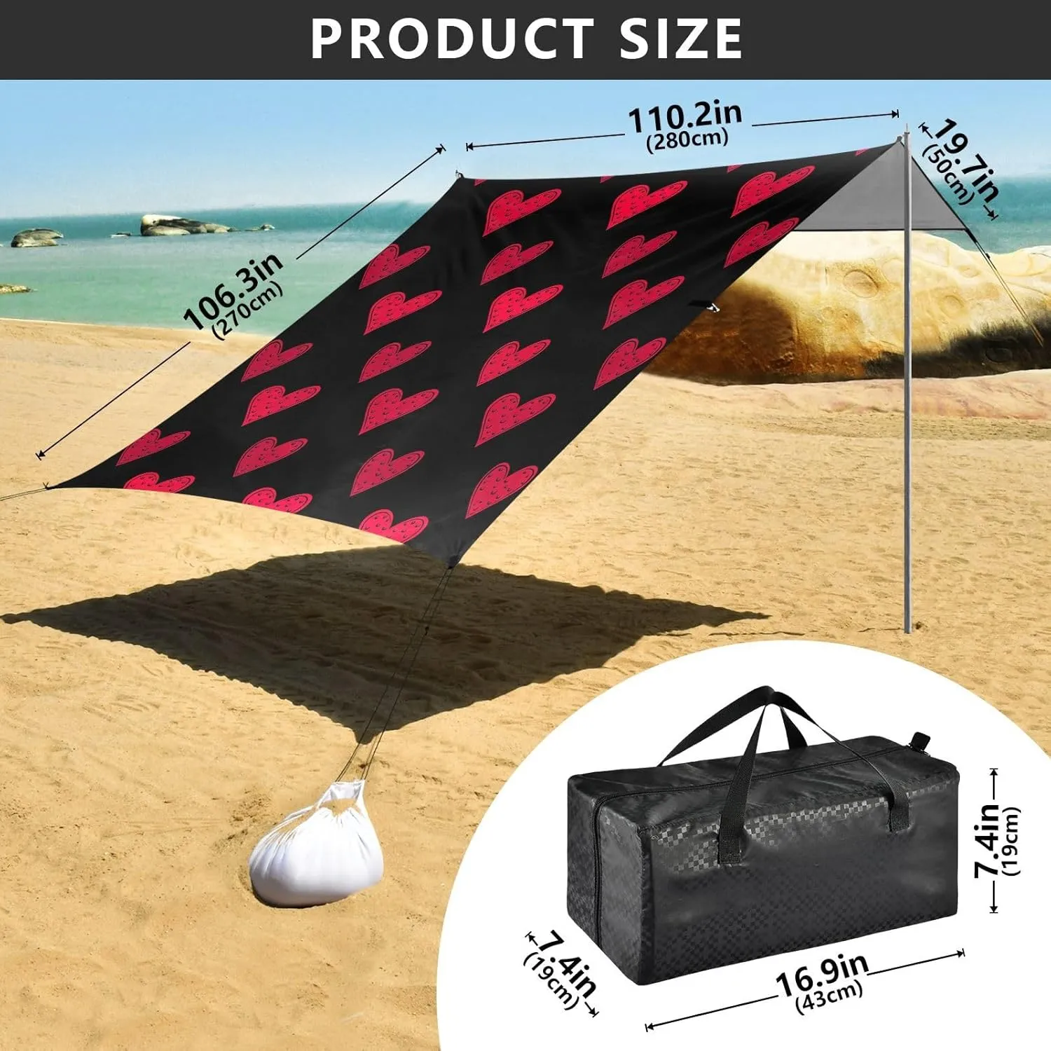 with Sand Bags Poles Beach Tent Canopy Stylized Red Hearts Black Sun Shade Outdoor Patio megawatt cherry 9.2 ?? 10.5 FT Pool Portable Camping Shelter Windproof 