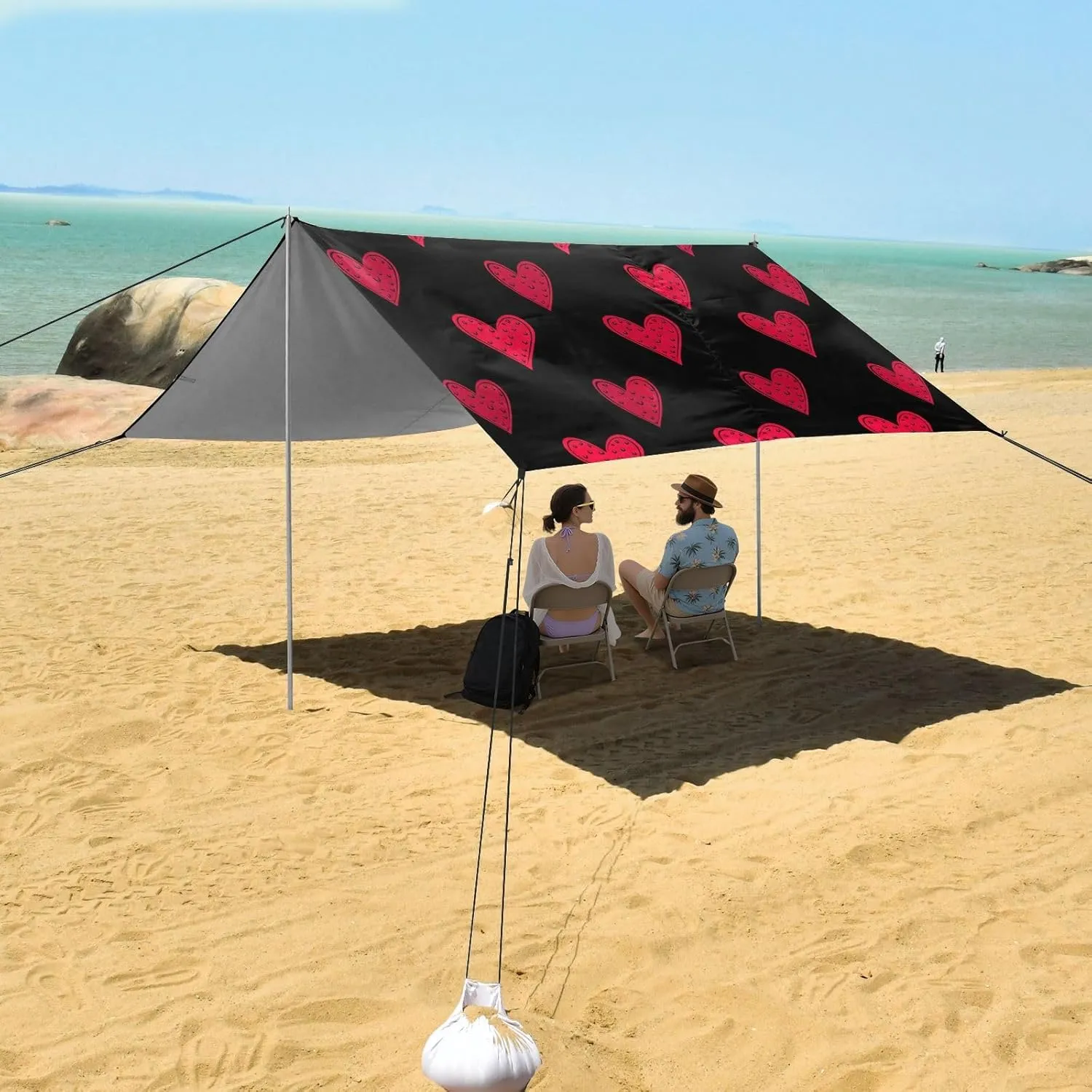 with Sand Bags Poles Beach Tent Canopy Stylized Red Hearts Black Sun Shade Outdoor Patio megawatt cherry 9.2 ?? 10.5 FT Pool Portable Camping Shelter Windproof 