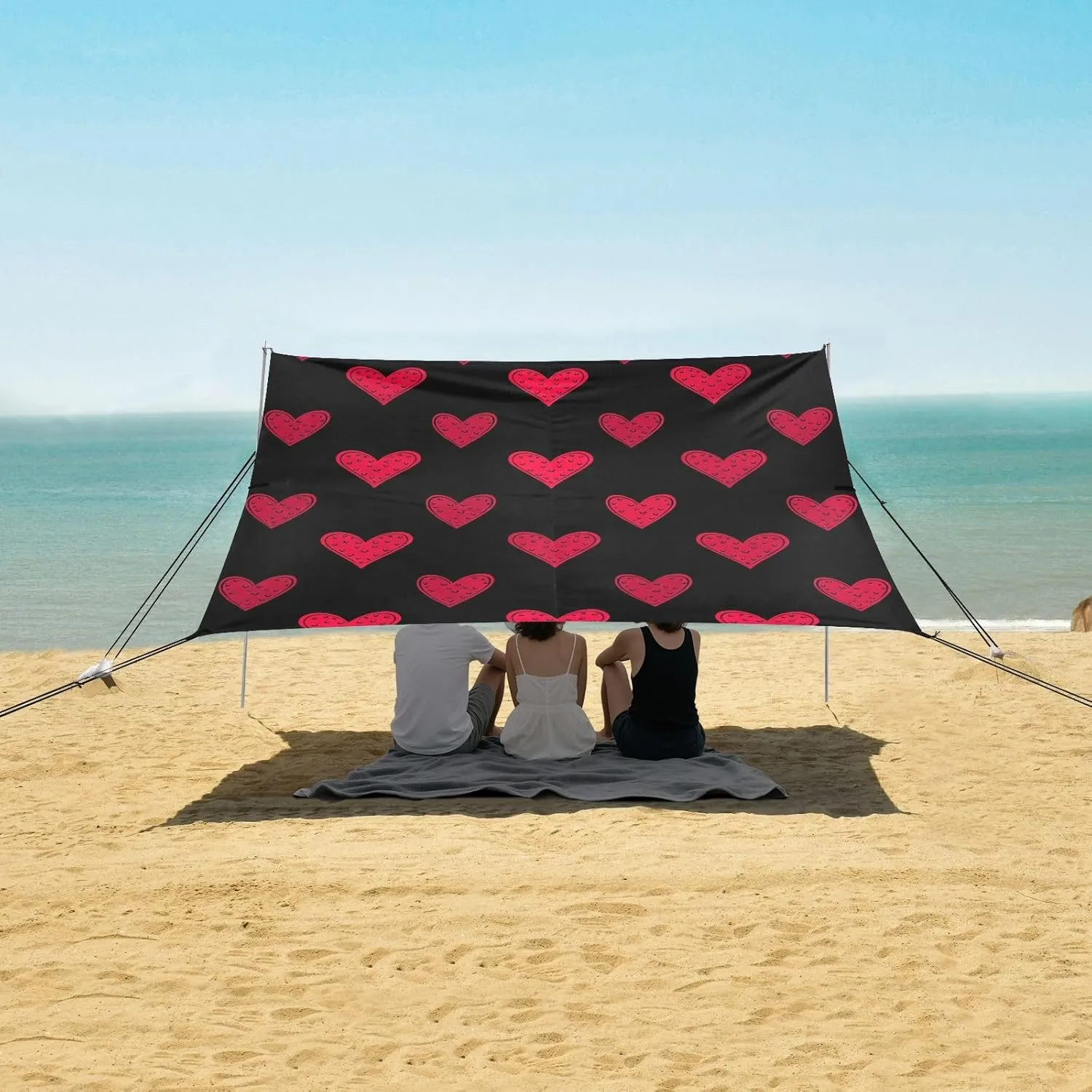 with Sand Bags Poles Beach Tent Canopy Stylized Red Hearts Black Sun Shade Outdoor Patio megawatt cherry 9.2 ?? 10.5 FT Pool Portable Camping Shelter Windproof 