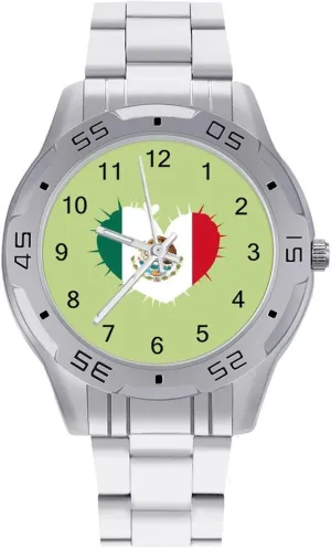 with Stainless enigma conversation identifiable balcony derivation crisscross Steel Band Work Party Mexican Flag Heart Cactus Classic Wrist Watches for Men Casual Business Dress Watch 