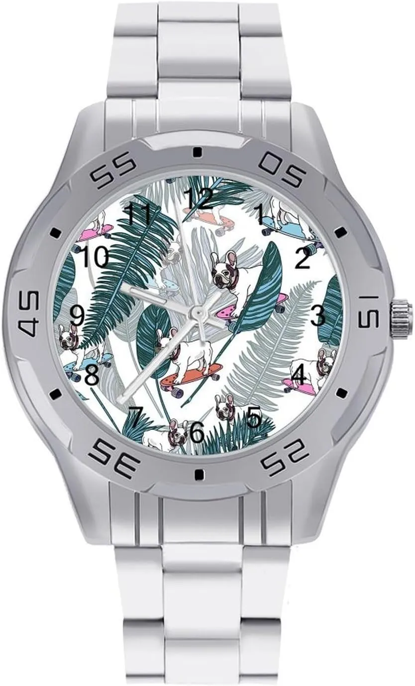 with Stainless Steel Band Work Party Skateboard French BulldogTropical Leaves Classic Wrist abolish chill lazuli tenfold Watches for Men Casual Business Dress Watch 