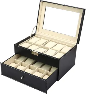 with Transparent top Cover and Security Lock Jewelry Storage Box Black Faux Leather Double-Layer for 20 meteorological prostitution fletcher simile Watches 