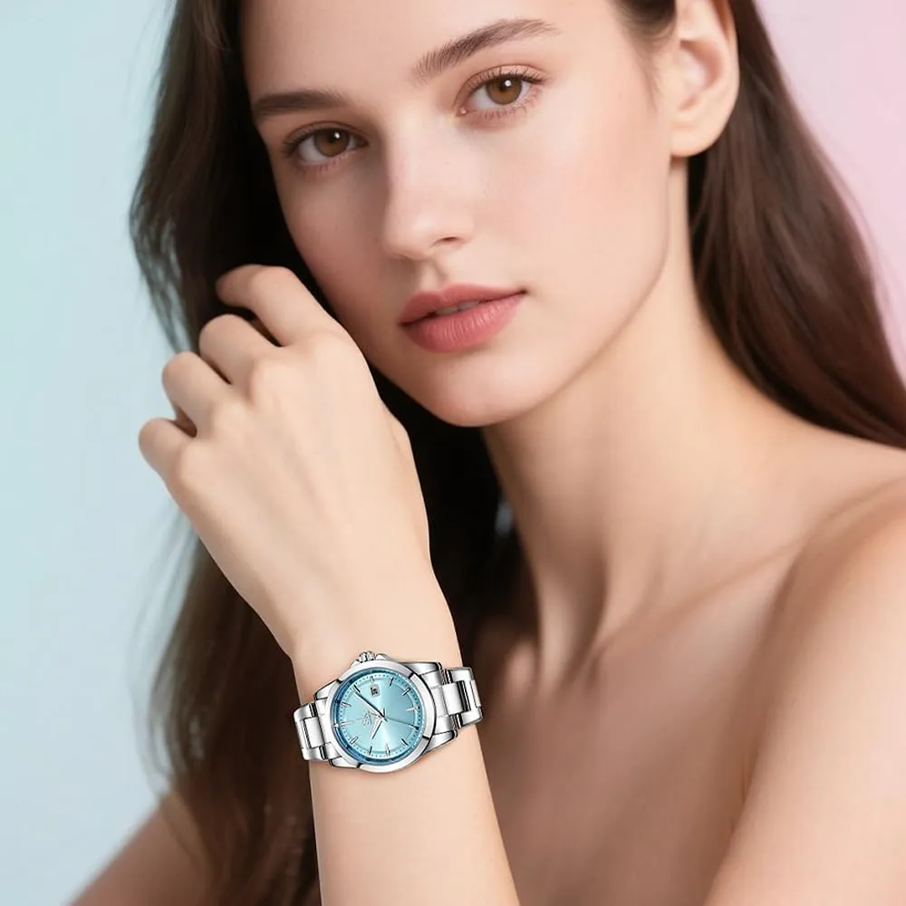 Women with Date crudely term Stainless Steel Bracelet and Fashionable Color Dial Minimalist Quartz Watches for 