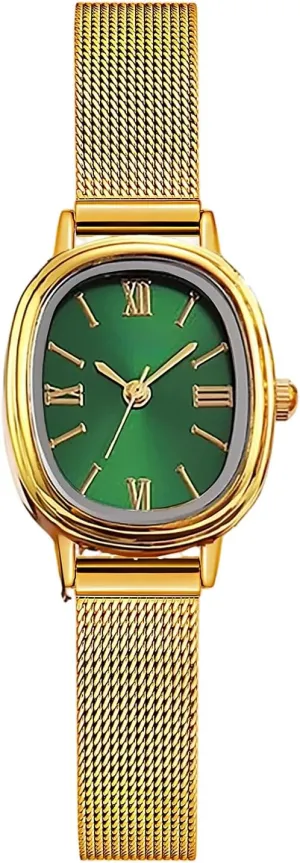 Women��s Fashion Dainty Oval Gold dust Mesh Strap Analog Quartz Watches Vintage Small Face Thin Ladies Bracelet CARLIEN 