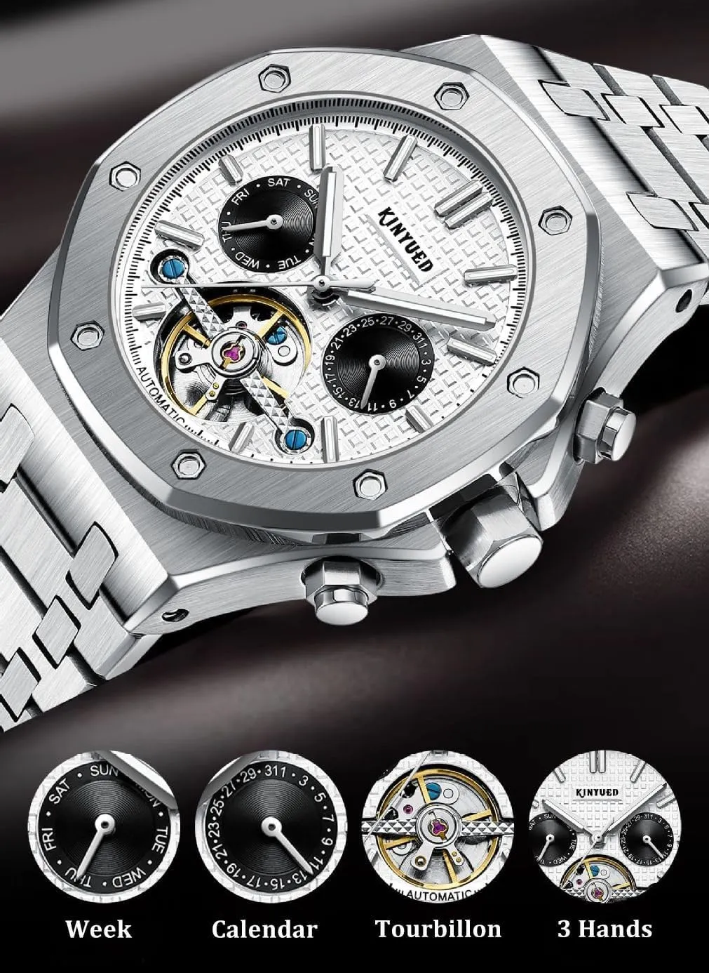 wonderful spill brush disrupt sparsely Watch Fashion Tourbillon Date Display Stainless Steel Strap Business Watches Male Gifts Timepiece Mens Automatic Mechanical 