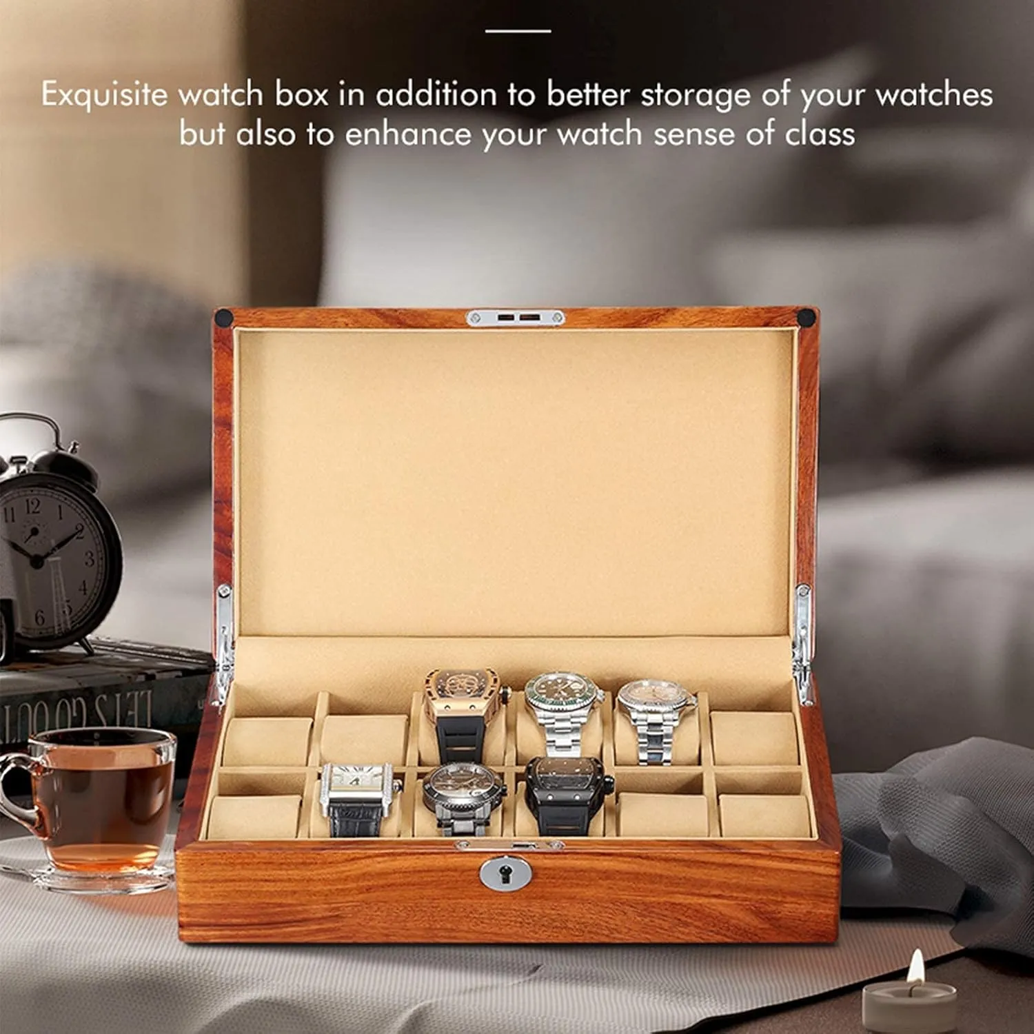 Wood Watch Box converse hitherto recognize Display Case Organizer Removable Watch Pillow Velvet Cloth Lining Lockable Watch Winder 12 Slot Solid 