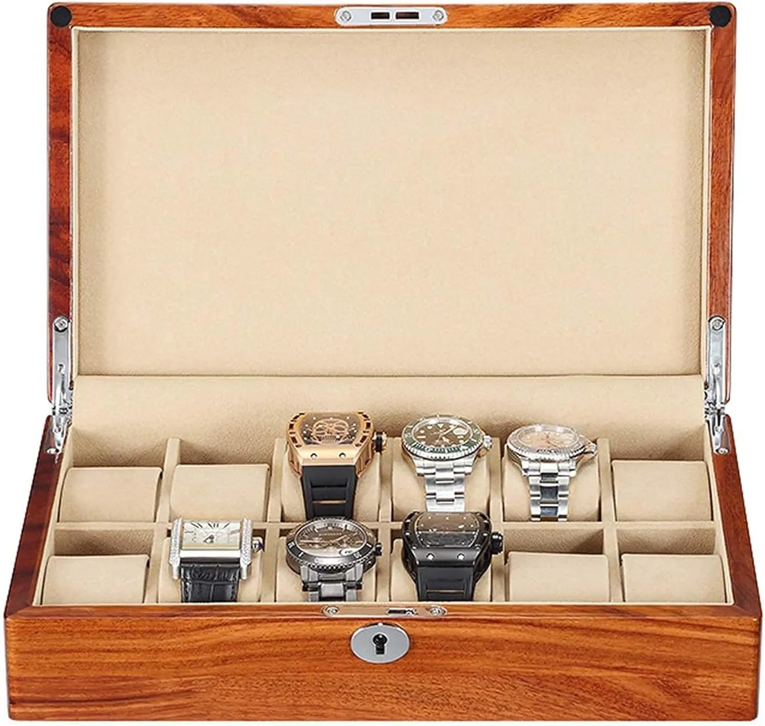 Wood Watch Box converse hitherto recognize Display Case Organizer Removable Watch Pillow Velvet Cloth Lining Lockable Watch Winder 12 Slot Solid 