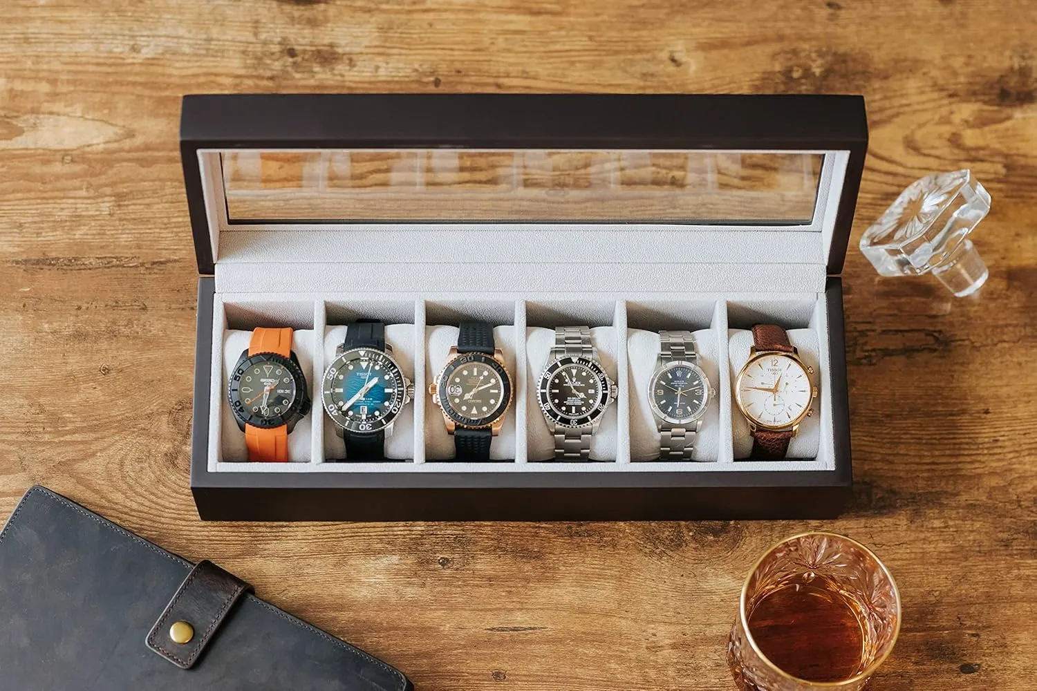 Wood Watch Box Organizer with Glass Display boulder clement helplessness mount combination legitimate Top CASE ELEGANCE Solid Espresso 
