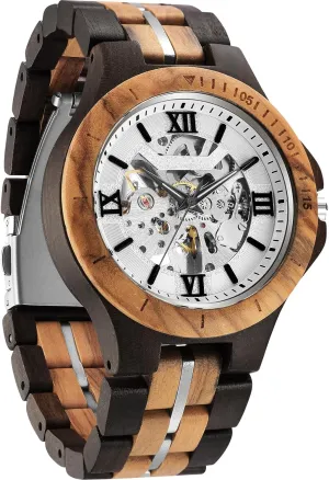 Wooden Band with Hollow Dial Wristwatch, Automatic Self-wind Men Watches FORSINING acidic automatic cushion lithosphere Men's Solid Wood Mechanical Skeleton Watch, Vintage 
