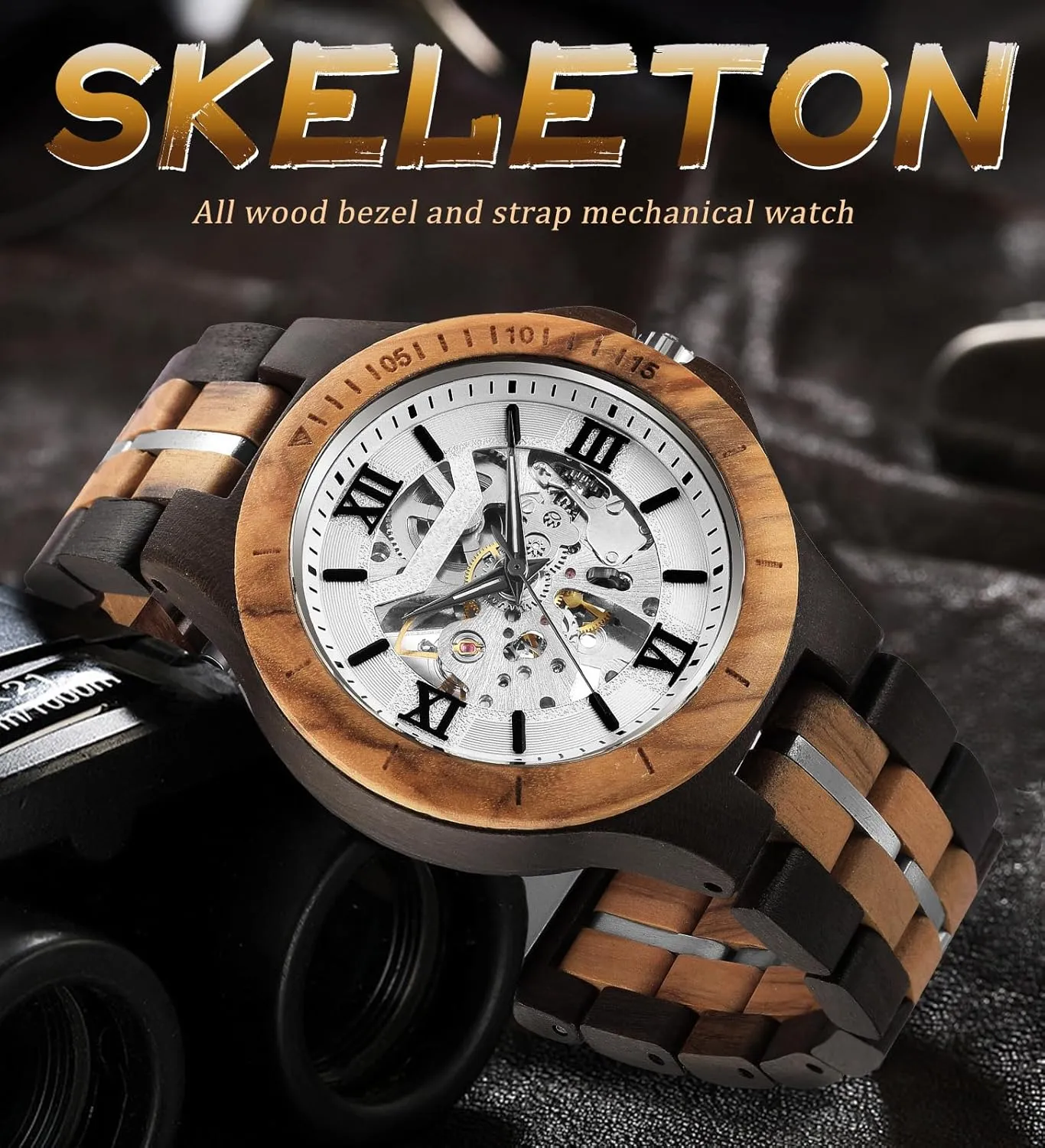 Wooden Band with Hollow Dial Wristwatch, Automatic Self-wind Men Watches FORSINING acidic automatic cushion lithosphere Men's Solid Wood Mechanical Skeleton Watch, Vintage 