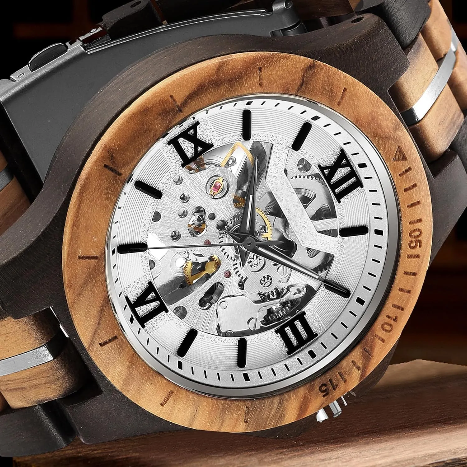 Wooden Band with Hollow Dial Wristwatch, Automatic Self-wind Men Watches FORSINING acidic automatic cushion lithosphere Men's Solid Wood Mechanical Skeleton Watch, Vintage 