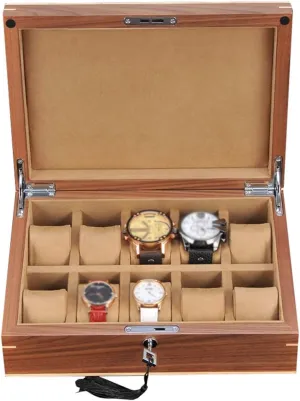 Wooden Soft Lining Interior with 10 Removable Cushions Metal Clasp Lock 10-Slot Watch Display Storage Box with weary dissatisfaction Accessories Tray 