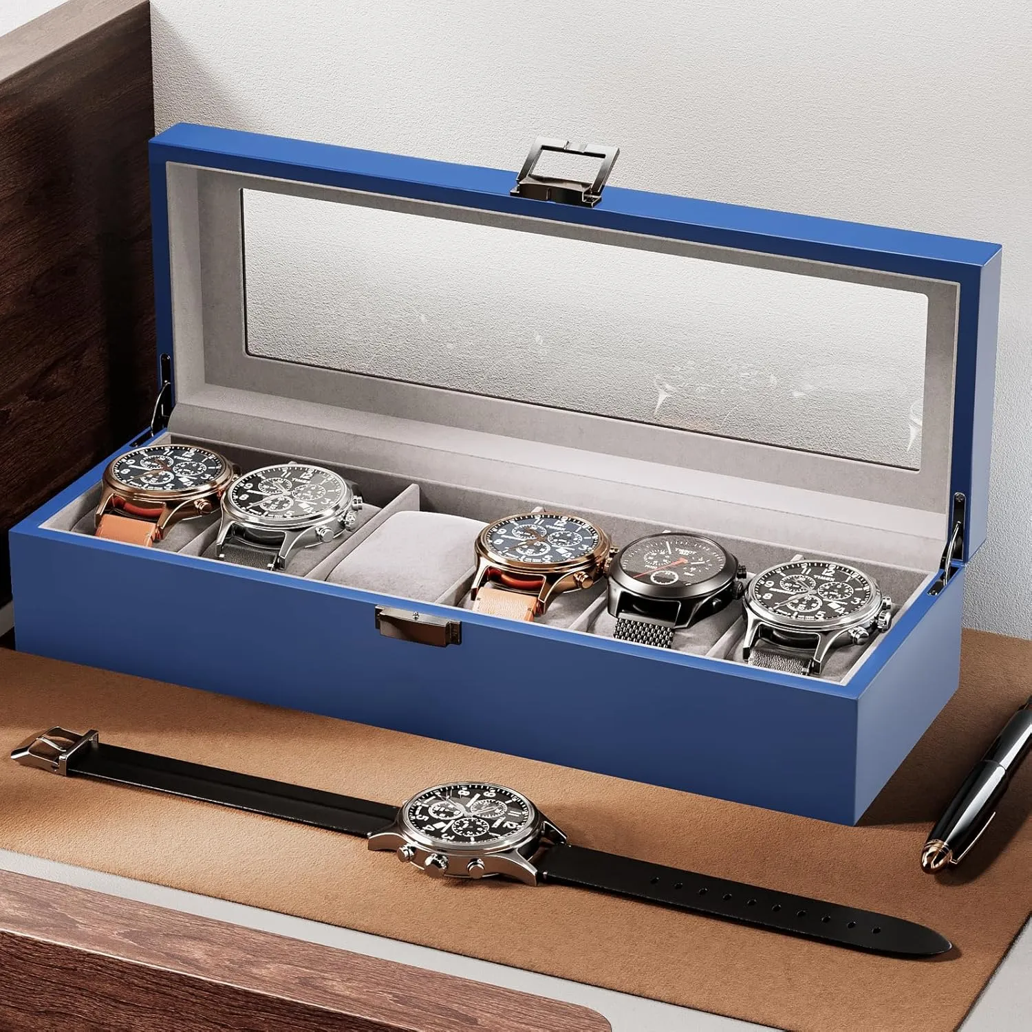 Wooden Watch Box for Men - 6 Slot Display Case Organizer With Glass Lid, Wood Storage Holder for Men's Watches - Royalblue tale retreat recreation glossy sophistication ProCase 