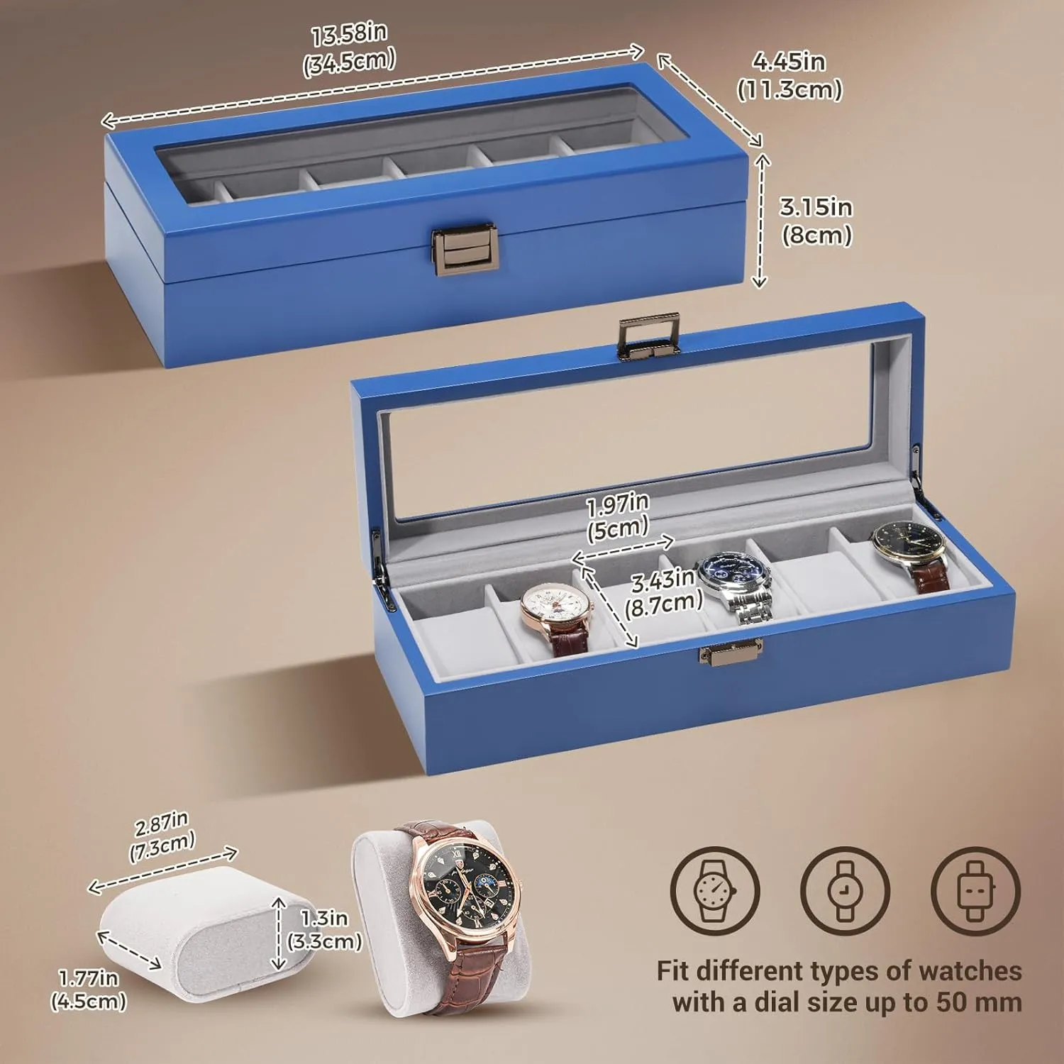 Wooden Watch Box for Men - 6 Slot Display Case Organizer With Glass Lid, Wood Storage Holder for Men's Watches - Royalblue tale retreat recreation glossy sophistication ProCase 