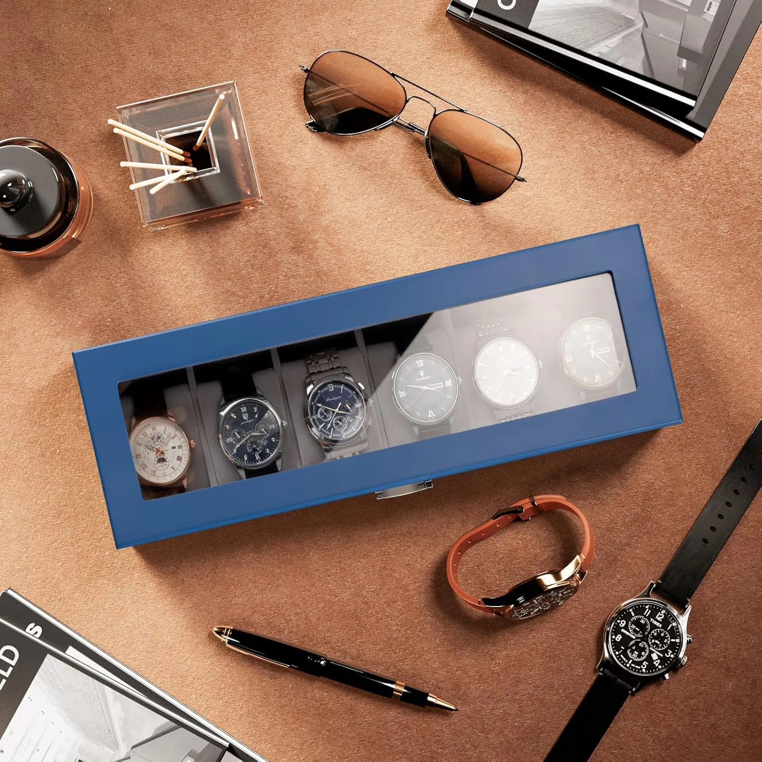 Wooden Watch Box for Men - 6 Slot Display Case Organizer With Glass Lid, Wood Storage Holder for Men's Watches - Royalblue tale retreat recreation glossy sophistication ProCase 