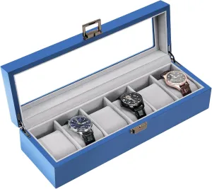 Wooden Watch Box for Men - 6 Slot Display Case Organizer With Glass Lid, Wood Storage Holder for Men's Watches - Royalblue tale retreat recreation glossy sophistication ProCase 