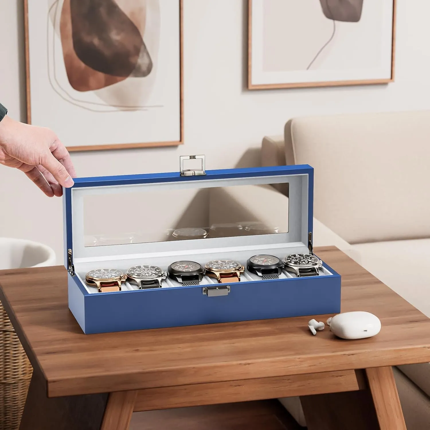 Wooden Watch Box for Men - 6 Slot Display Case Organizer With Glass Lid, Wood Storage Holder for Men's Watches - Royalblue tale retreat recreation glossy sophistication ProCase 