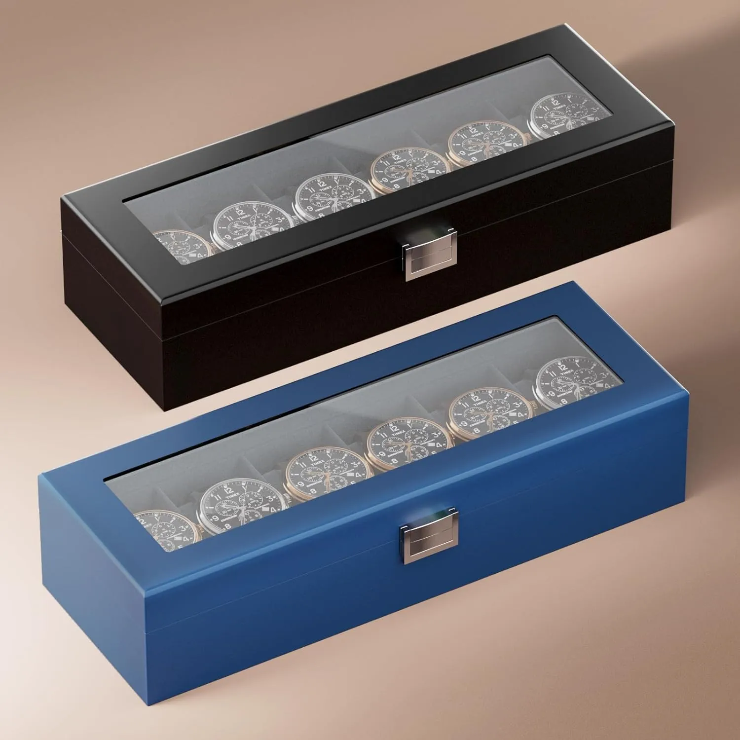 Wooden Watch Box for Men - 6 Slot Display Case Organizer With Glass Lid, Wood Storage Holder for Men's Watches - Royalblue tale retreat recreation glossy sophistication ProCase 