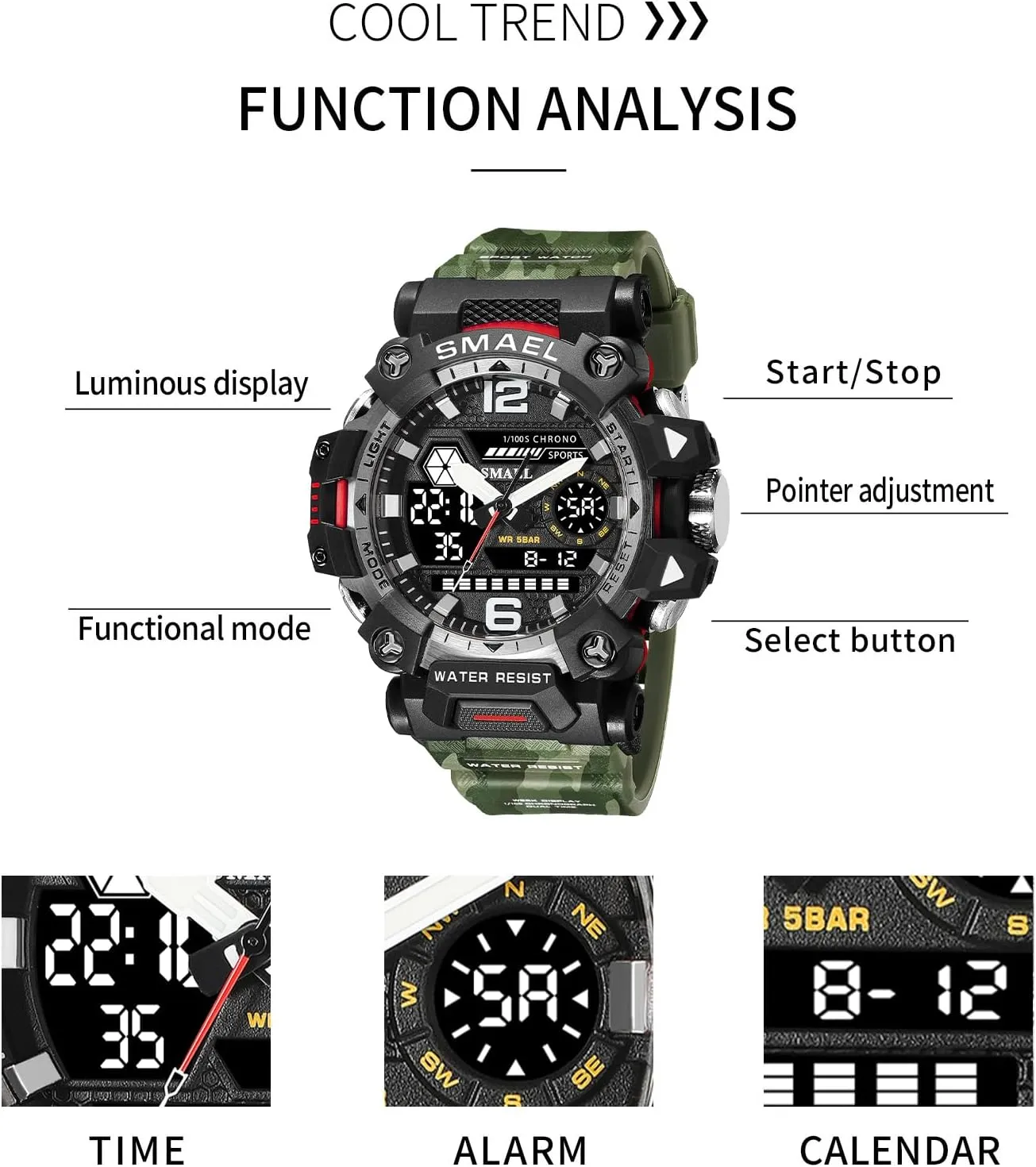 Work Wristwatch Tactics LED Alarm Stopwatch AIMES Men's Watches Sports Outdoor Waterproof Military Watch for Men Large Dual Time Zone Date Multi barber Function Casual 