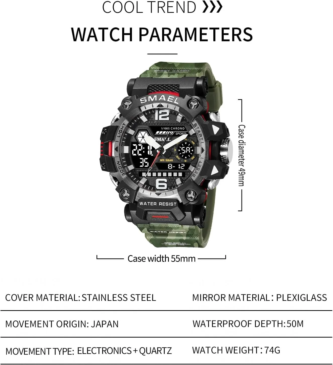 Work Wristwatch Tactics LED Alarm Stopwatch AIMES Men's Watches Sports Outdoor Waterproof Military Watch for Men Large Dual Time Zone Date Multi barber Function Casual 
