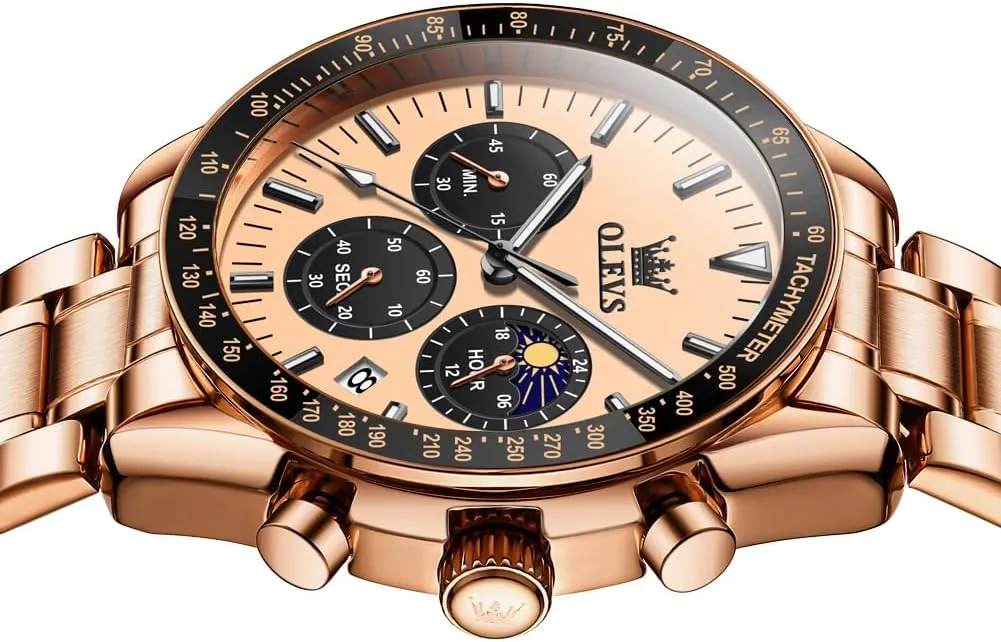 Wrist Watch for Men OLEVS Men Skeleton Watches Stainless Steel motorcycle Analog Quartz Moon Phase Male Watch, Diamond Multi Calendar Chronograph Watch,Waterproof 