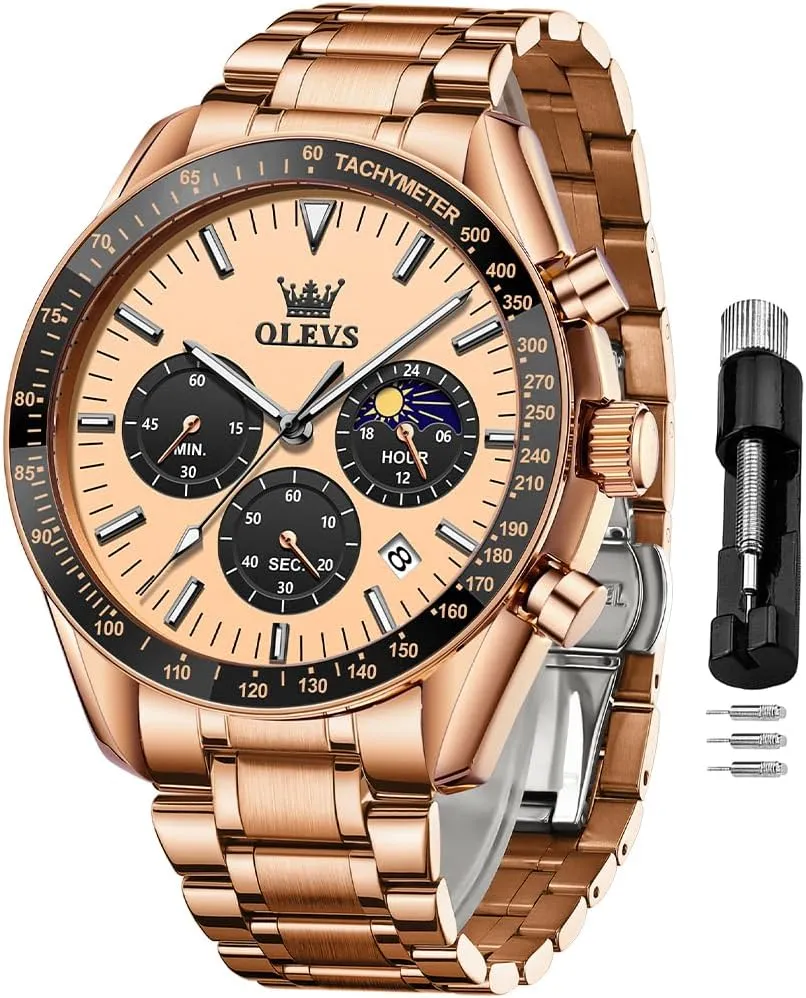 Wrist Watch for Men OLEVS Men Skeleton Watches Stainless Steel motorcycle Analog Quartz Moon Phase Male Watch, Diamond Multi Calendar Chronograph Watch,Waterproof 