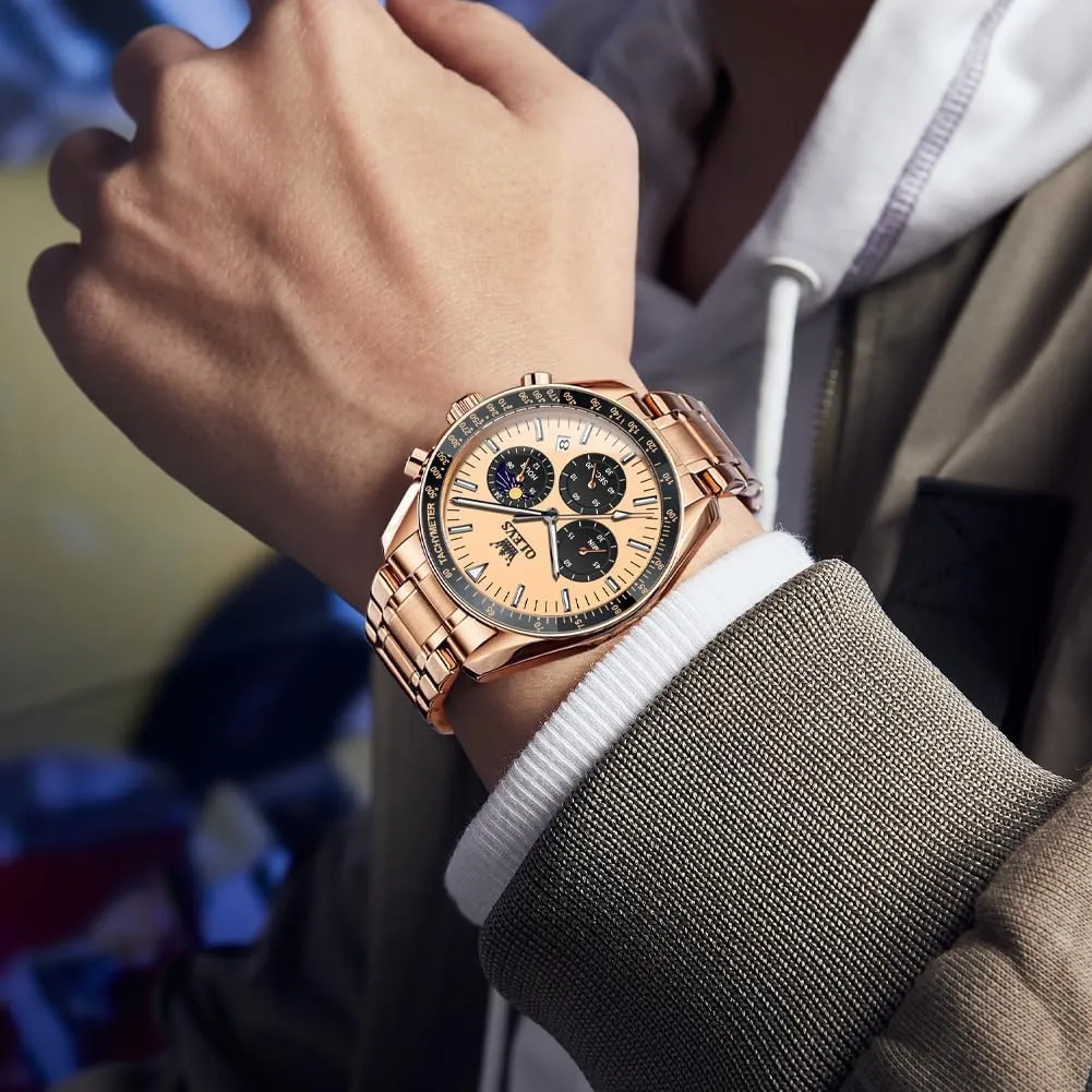 Wrist Watch for Men OLEVS Men Skeleton Watches Stainless Steel motorcycle Analog Quartz Moon Phase Male Watch, Diamond Multi Calendar Chronograph Watch,Waterproof 