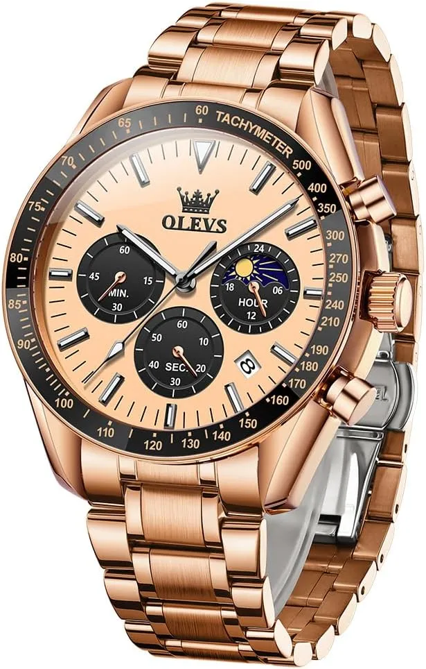 Wrist Watch for Men OLEVS Men Skeleton Watches Stainless Steel motorcycle Analog Quartz Moon Phase Male Watch, Diamond Multi Calendar Chronograph Watch,Waterproof 