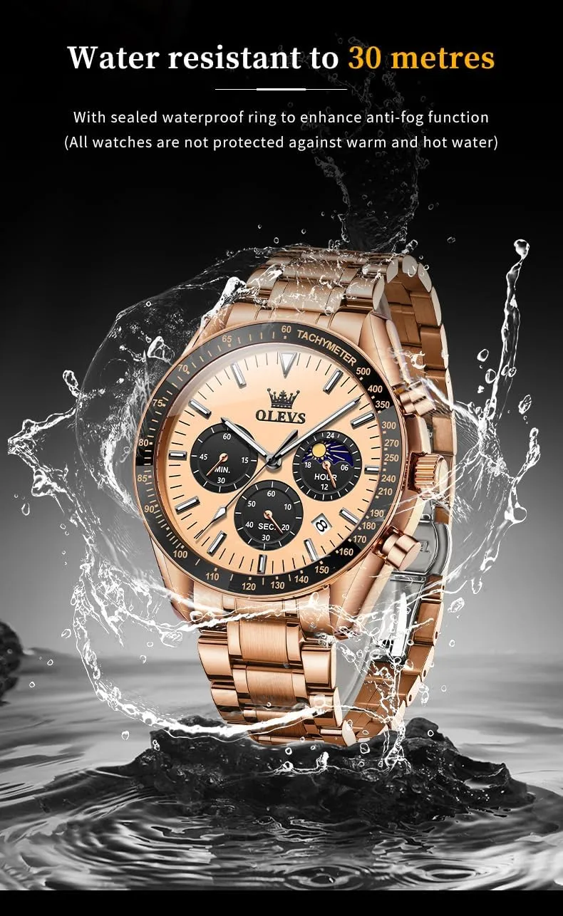 Wrist Watch for Men OLEVS Men Skeleton Watches Stainless Steel motorcycle Analog Quartz Moon Phase Male Watch, Diamond Multi Calendar Chronograph Watch,Waterproof 