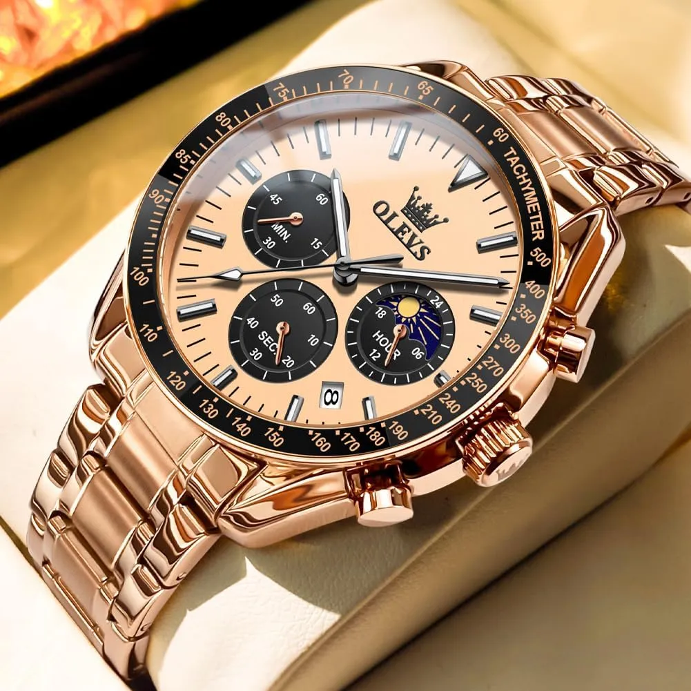 Wrist Watch for Men OLEVS Men Skeleton Watches Stainless Steel motorcycle Analog Quartz Moon Phase Male Watch, Diamond Multi Calendar Chronograph Watch,Waterproof 
