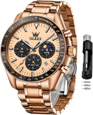 Wrist Watch for Men OLEVS Men Skeleton Watches Stainless Steel motorcycle Analog Quartz Moon Phase Male Watch, Diamond Multi Calendar Chronograph Watch,Waterproof 