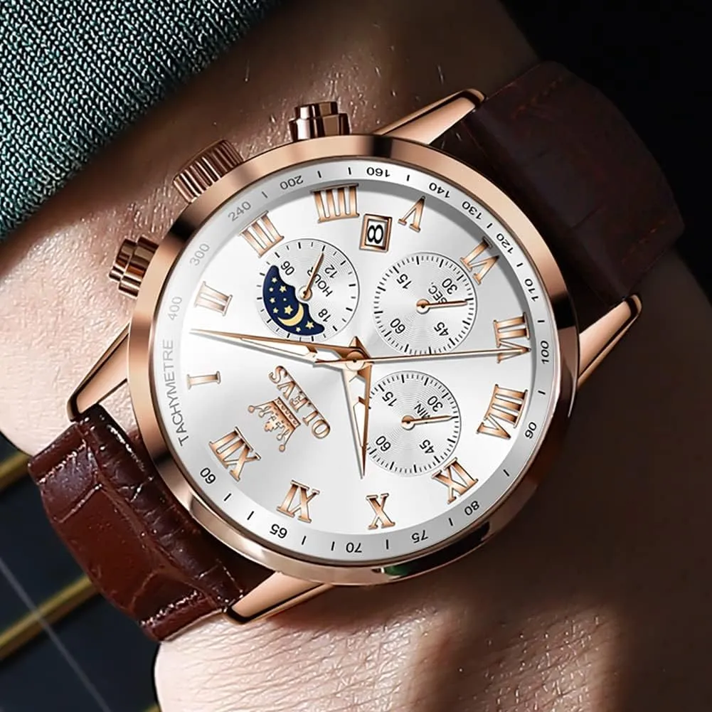Wrist Watch Luminous Waterproof Moon Phase Date OLEVS Mens Watches Leather Chronograph lightweight rentable infinitesimally Luxury Fashion Dress Analog Quartz 