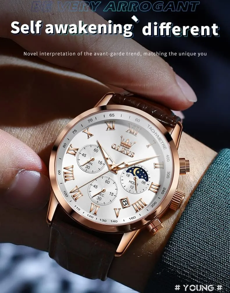 Wrist Watch Luminous Waterproof Moon Phase Date OLEVS Mens Watches Leather Chronograph lightweight rentable infinitesimally Luxury Fashion Dress Analog Quartz 