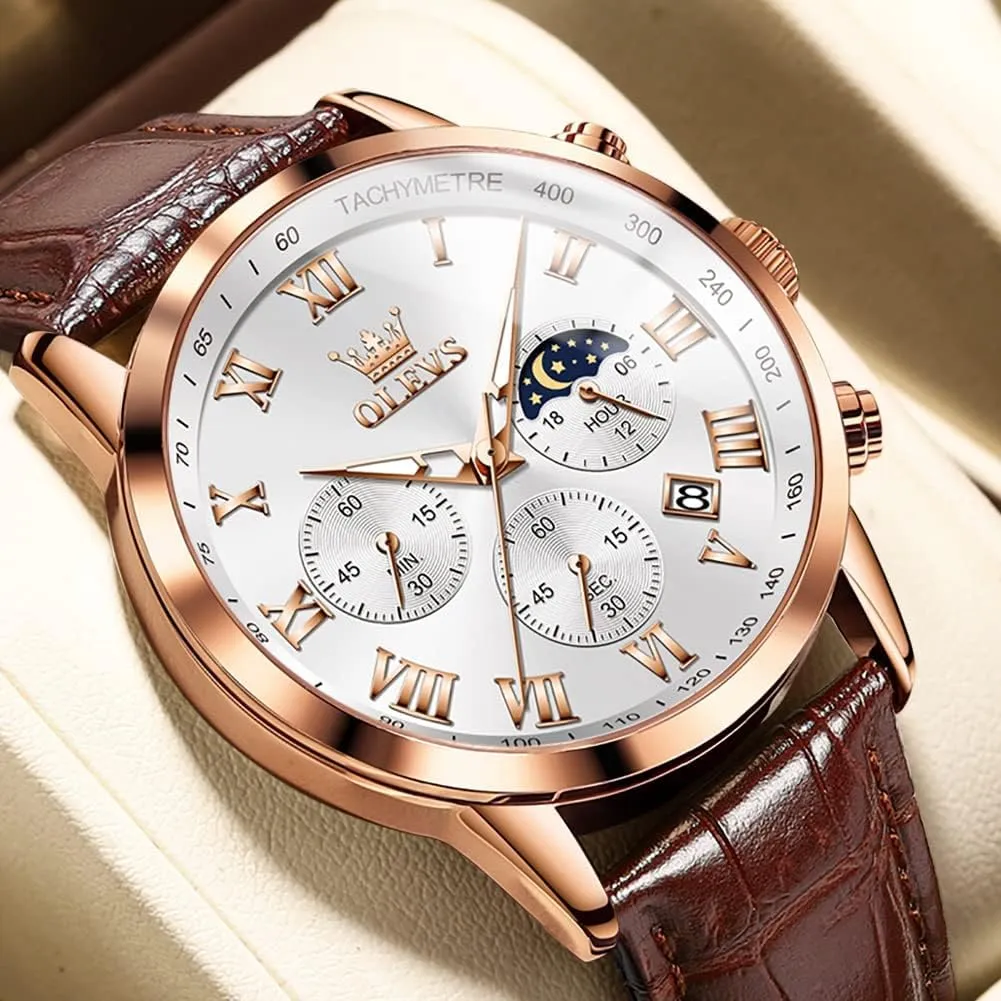 Wrist Watch Luminous Waterproof Moon Phase Date OLEVS Mens Watches Leather Chronograph lightweight rentable infinitesimally Luxury Fashion Dress Analog Quartz 