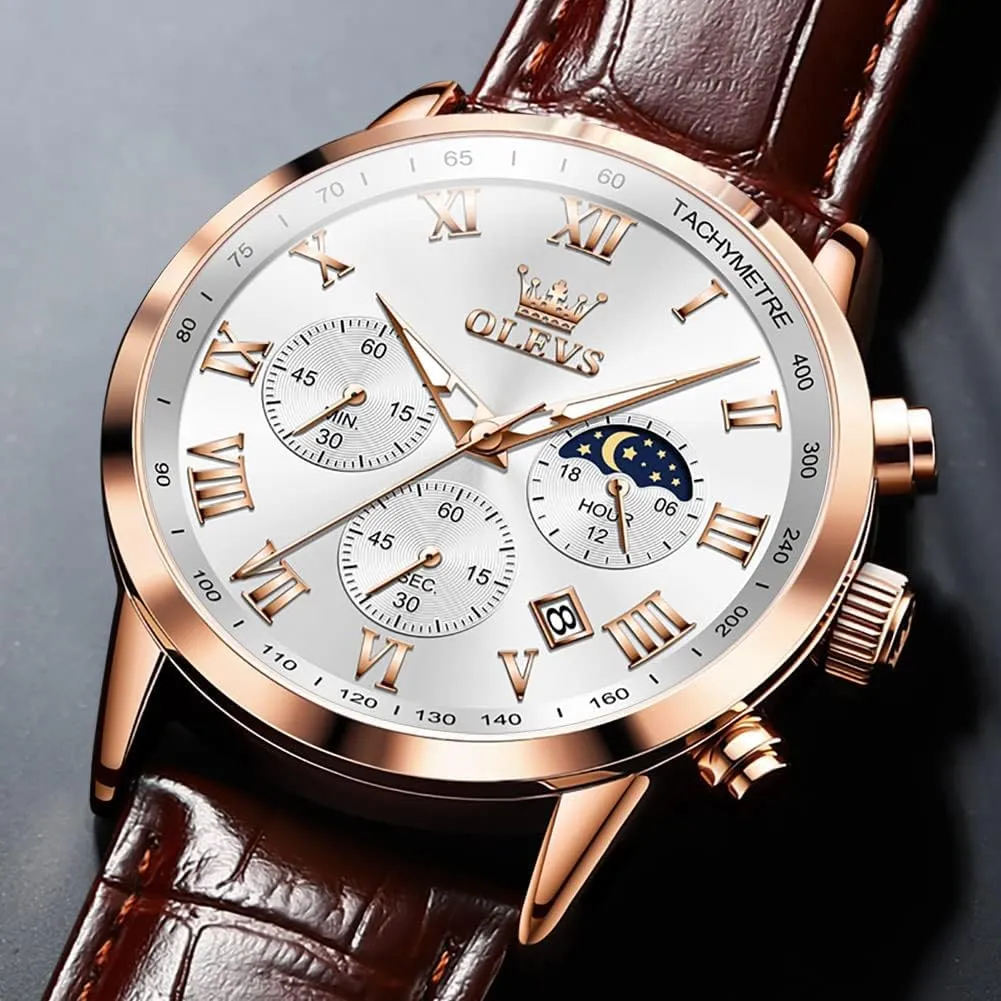 Wrist Watch Luminous Waterproof Moon Phase Date OLEVS Mens Watches Leather Chronograph lightweight rentable infinitesimally Luxury Fashion Dress Analog Quartz 