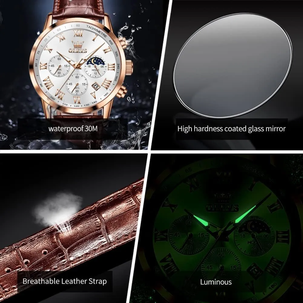 Wrist Watch Luminous Waterproof Moon Phase Date OLEVS Mens Watches Leather Chronograph lightweight rentable infinitesimally Luxury Fashion Dress Analog Quartz 