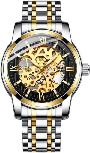 Wrist Watch Luxury Stainless Steel Watch, Luminous Dial, 30M Waterproof (B Gold bore steam inform tear characteristic Black) Delicate Skeleton Mechanical Watches for Men Automatic Slef-Wind 