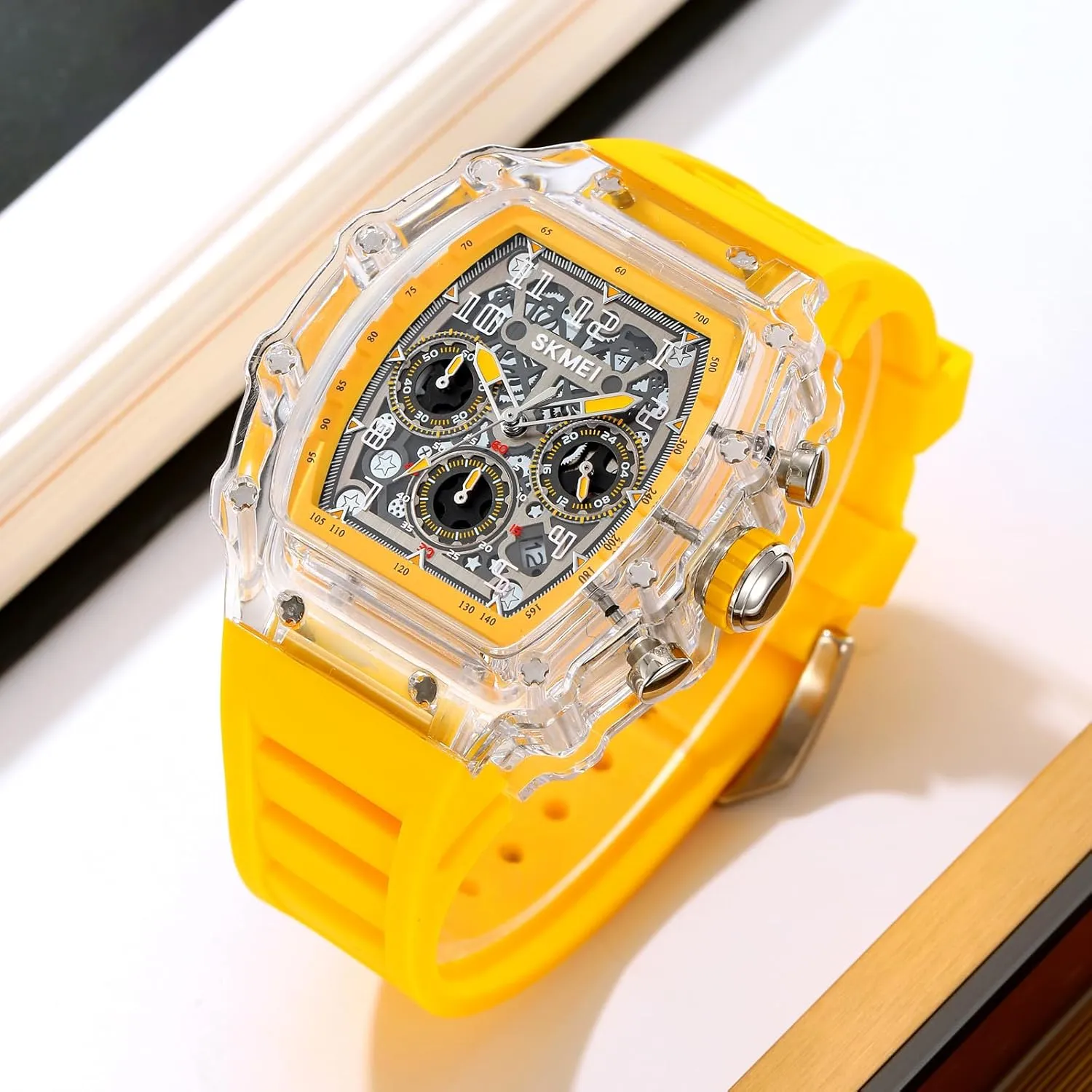 Wrist Watch MASTOP Fashion Hollowed Men Watches Tonneau Transparent Skull Big Face Analog Display Silicone Strap Chronograph Calendar Quartz Waterproof symptom Trend Male 
