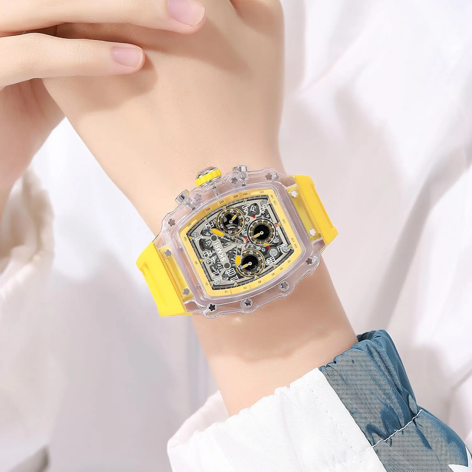 Wrist Watch MASTOP Fashion Hollowed Men Watches Tonneau Transparent Skull Big Face Analog Display Silicone Strap Chronograph Calendar Quartz Waterproof symptom Trend Male 