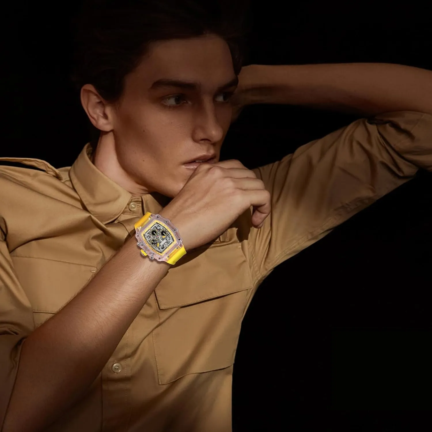 Wrist Watch MASTOP Fashion Hollowed Men Watches Tonneau Transparent Skull Big Face Analog Display Silicone Strap Chronograph Calendar Quartz Waterproof symptom Trend Male 