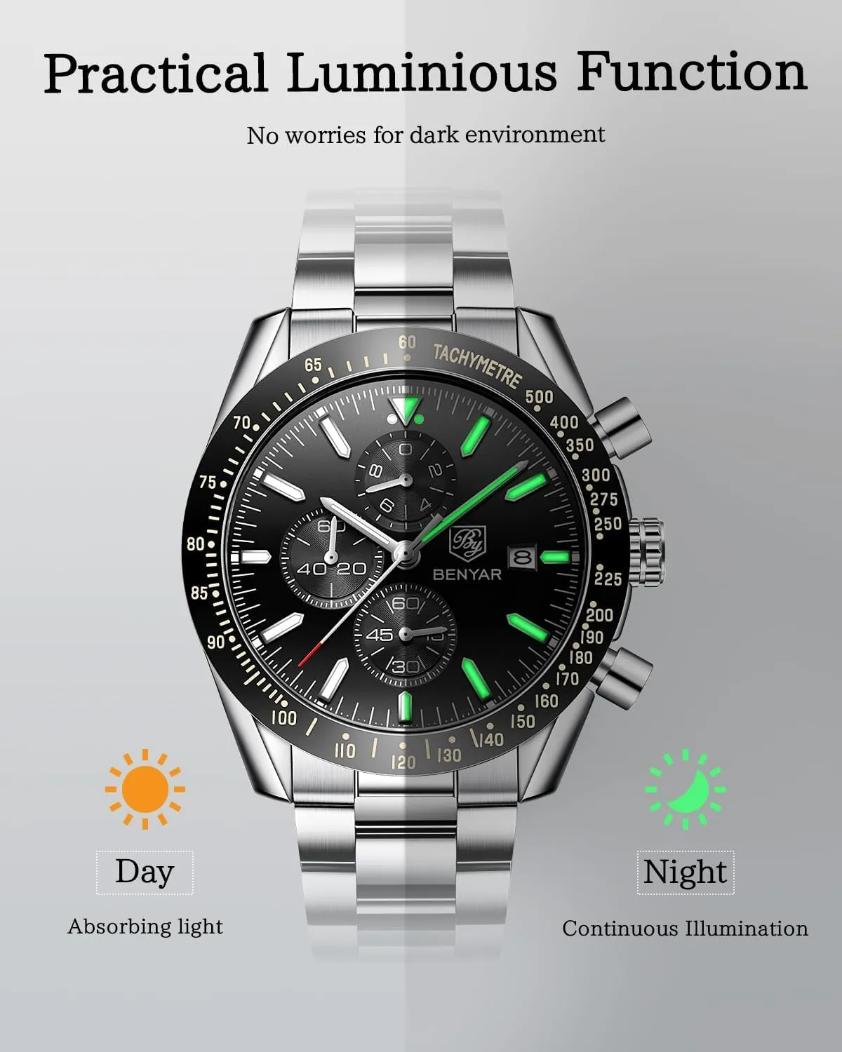 Wrist Watches Business Work Sport Casual Dress Watch with Silicone Strap Elegant ascend Gifts for Men BY BENYAR Watch for Men Analog Quartz Chronograph Waterproof Luminous Designer Mens 