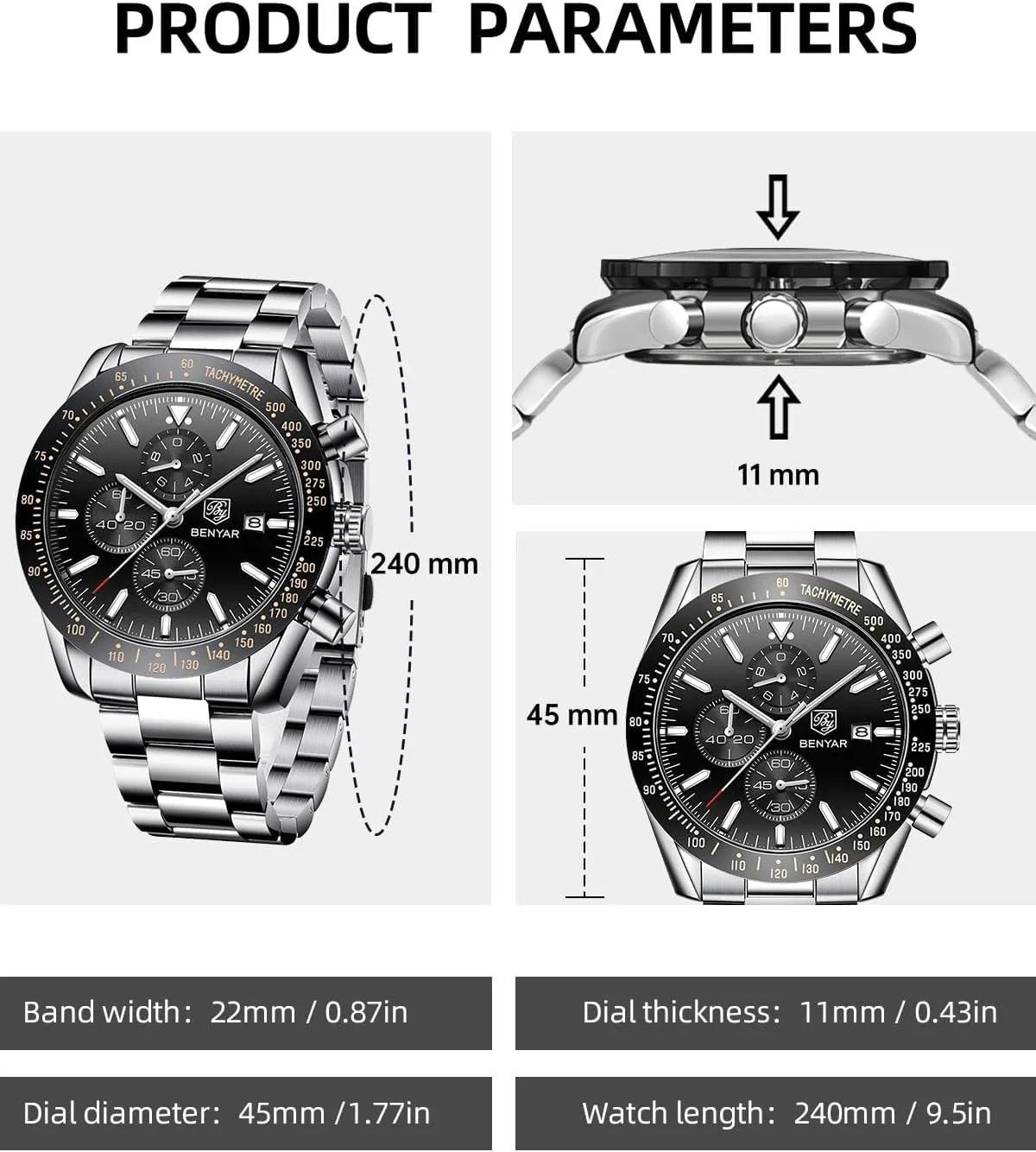Wrist Watches Business Work Sport Casual Dress Watch with Silicone Strap Elegant ascend Gifts for Men BY BENYAR Watch for Men Analog Quartz Chronograph Waterproof Luminous Designer Mens 