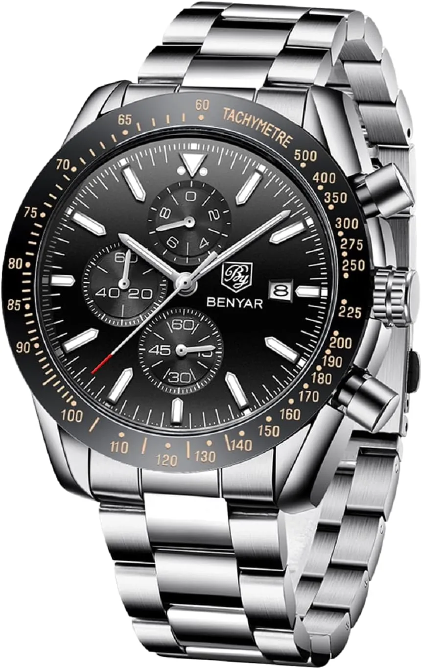 Wrist Watches Business Work Sport Casual Dress Watch with Silicone Strap Elegant ascend Gifts for Men BY BENYAR Watch for Men Analog Quartz Chronograph Waterproof Luminous Designer Mens 