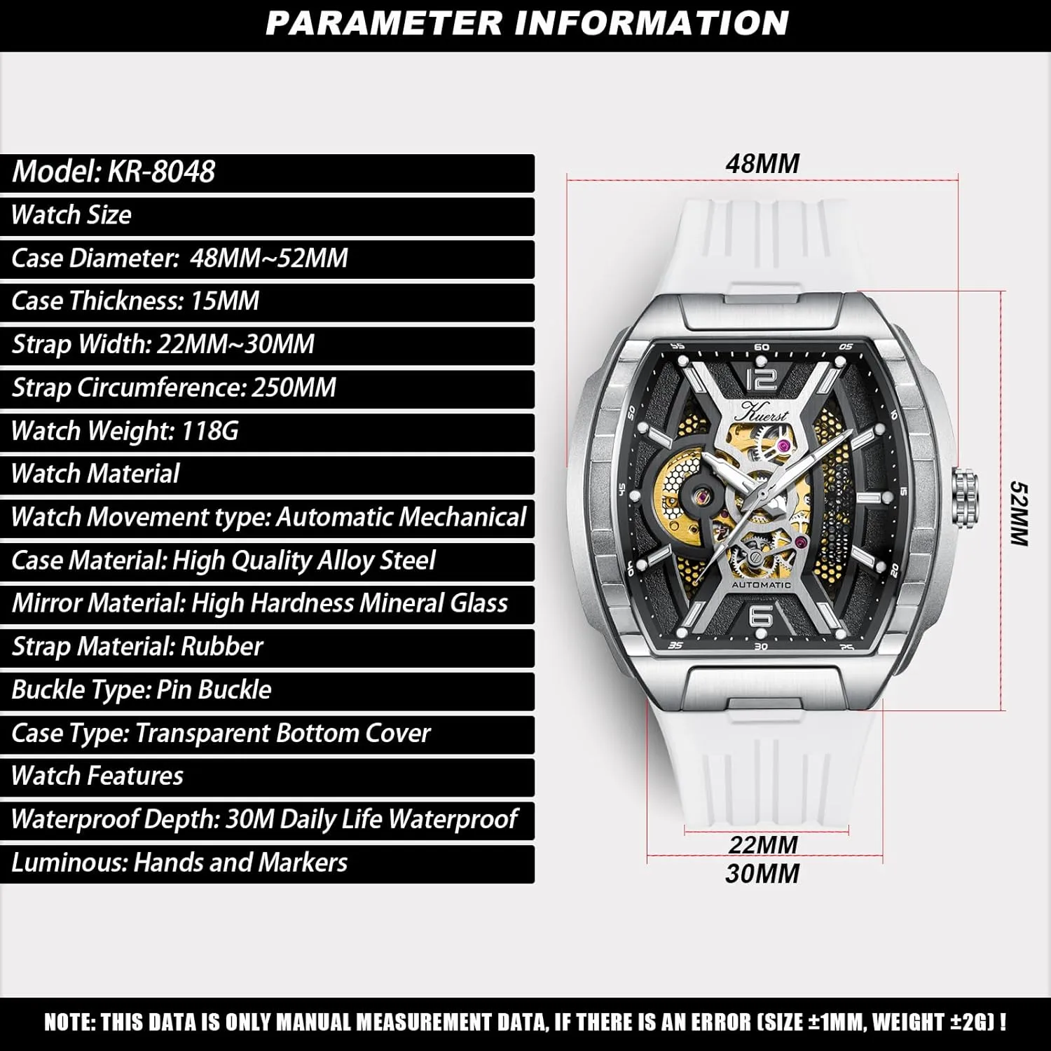 Wrist Watches for Men continuation and Women KUERST Men's Automatic Watch Fashion Tonneau Hollow Mechanical Design 30M Waterproof 