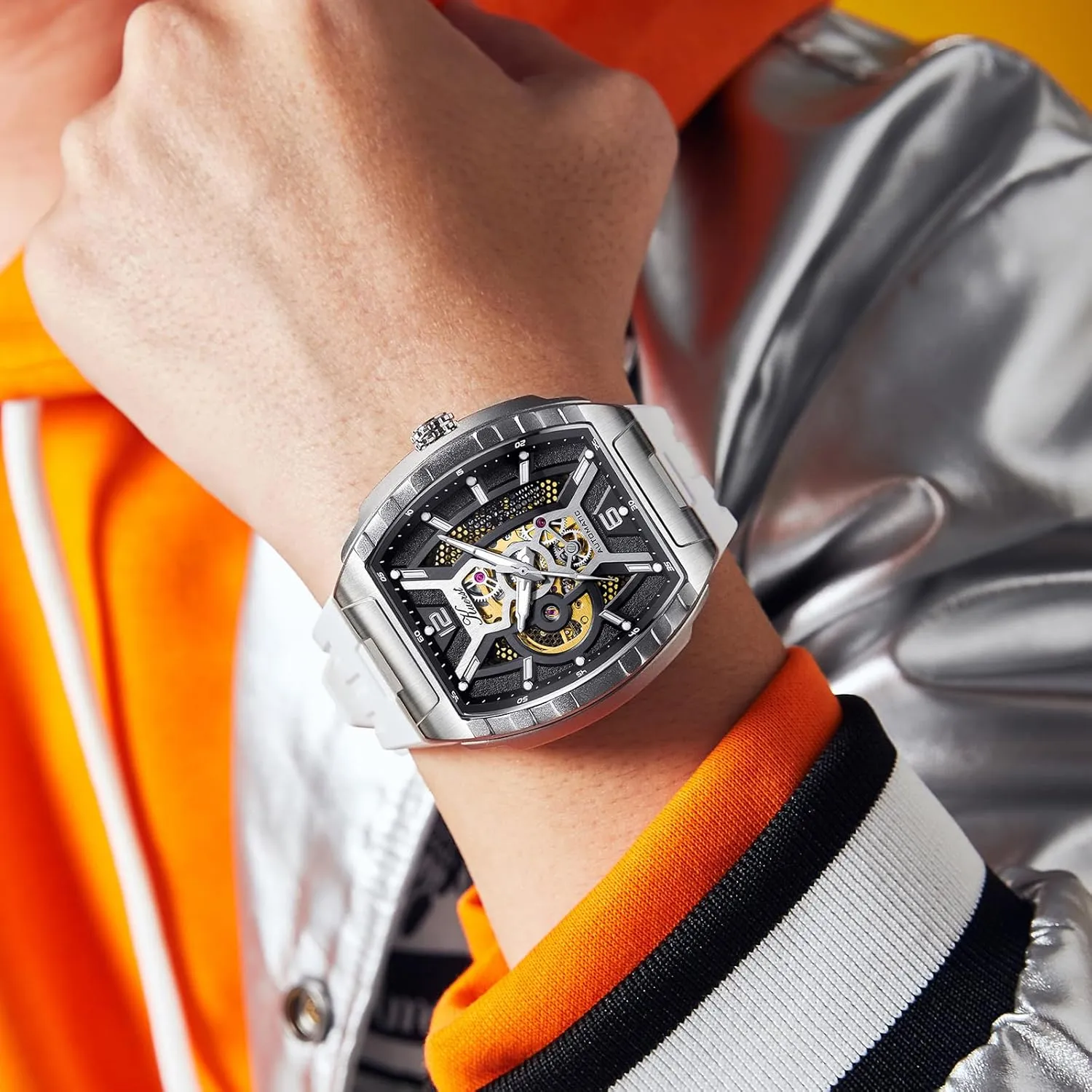 Wrist Watches for Men continuation and Women KUERST Men's Automatic Watch Fashion Tonneau Hollow Mechanical Design 30M Waterproof 