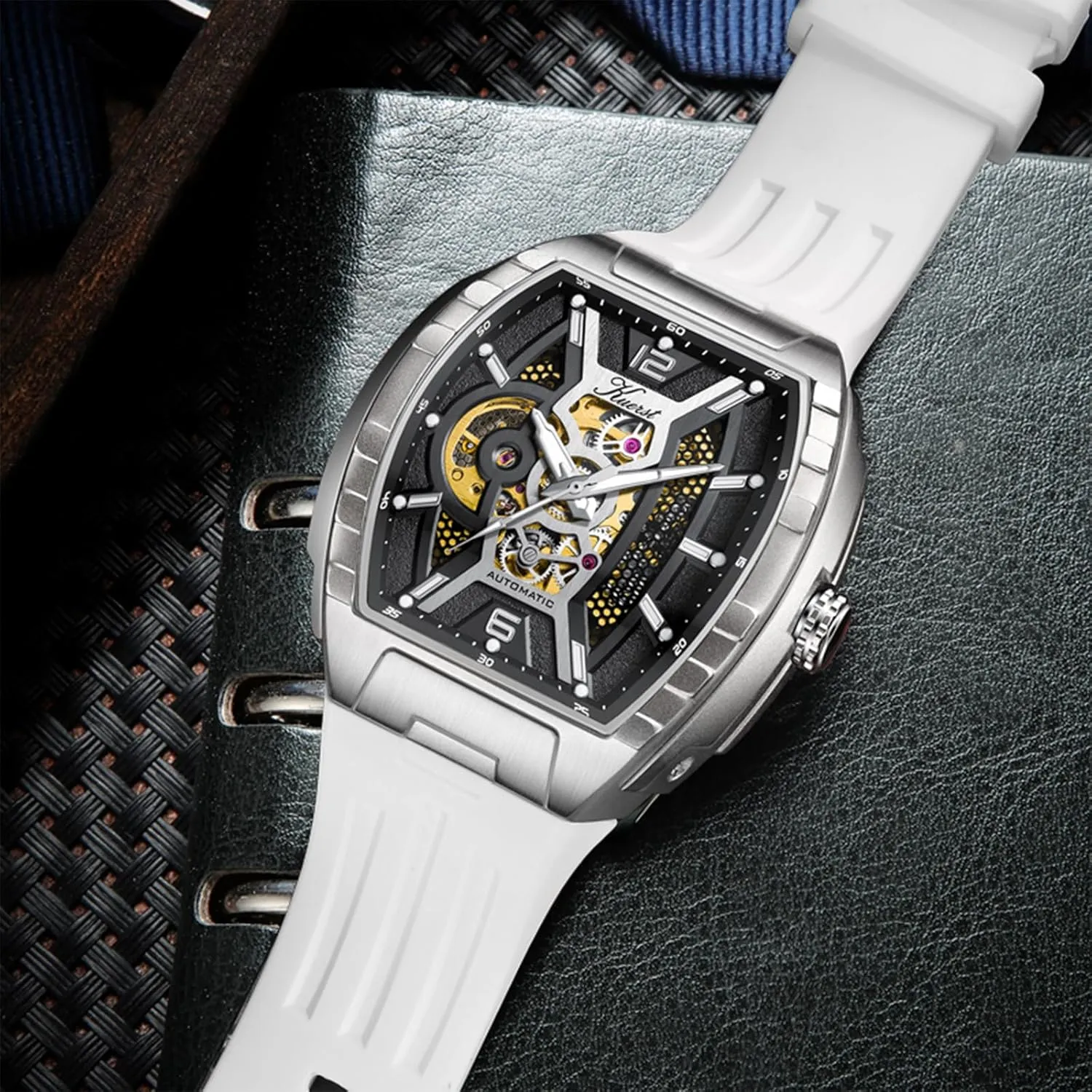 Wrist Watches for Men continuation and Women KUERST Men's Automatic Watch Fashion Tonneau Hollow Mechanical Design 30M Waterproof 