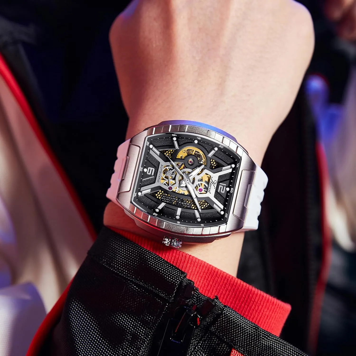 Wrist Watches for Men continuation and Women KUERST Men's Automatic Watch Fashion Tonneau Hollow Mechanical Design 30M Waterproof 