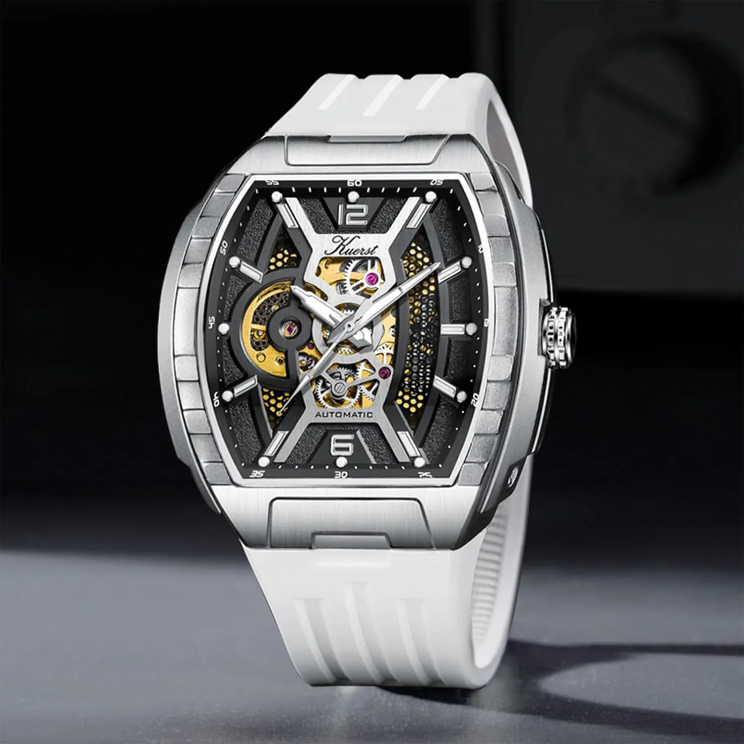 Wrist Watches for Men continuation and Women KUERST Men's Automatic Watch Fashion Tonneau Hollow Mechanical Design 30M Waterproof 