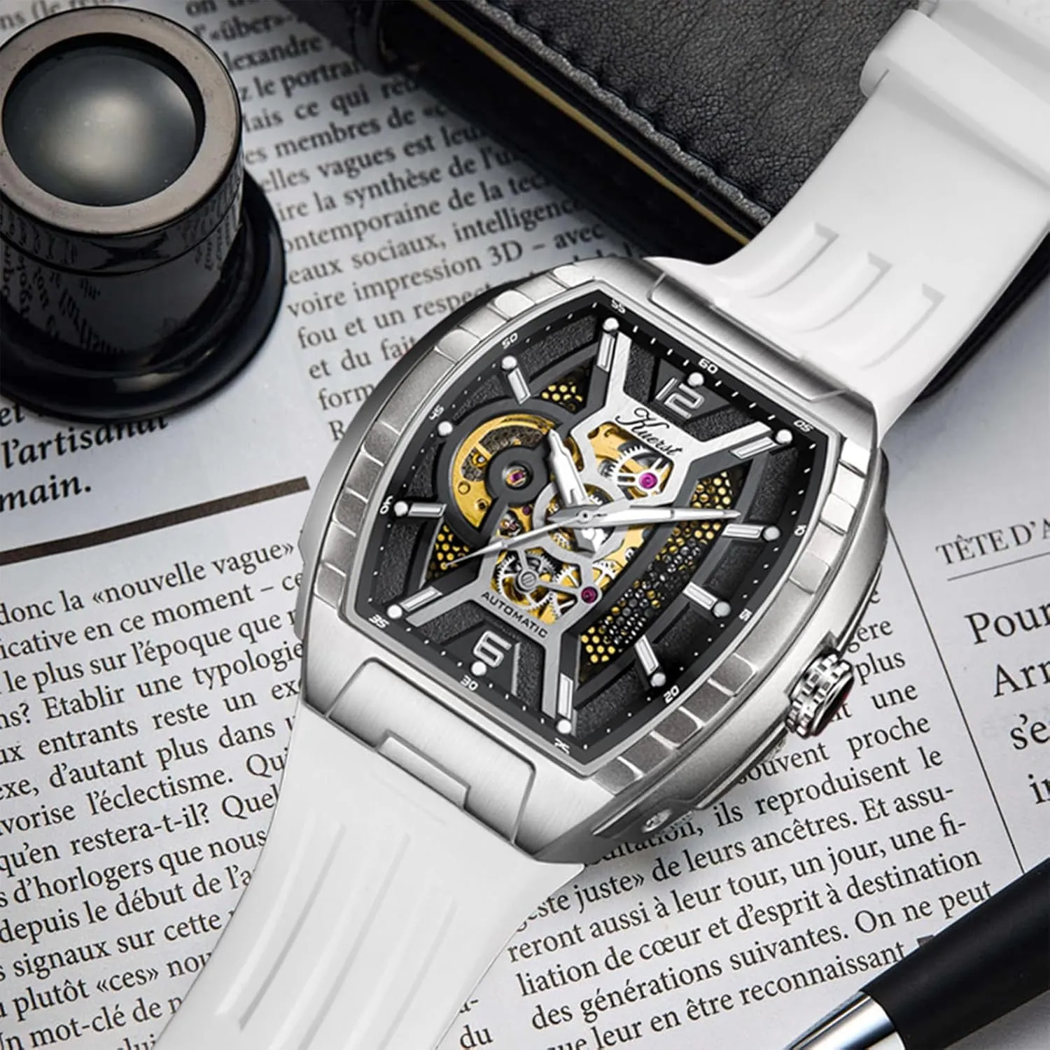Wrist Watches for Men continuation and Women KUERST Men's Automatic Watch Fashion Tonneau Hollow Mechanical Design 30M Waterproof 
