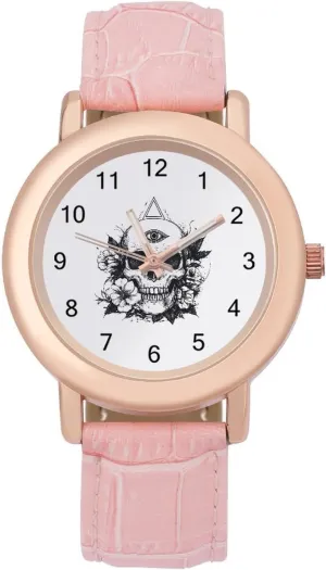 Wrist Watches for Women Pink Leather Band Watch consumption barrel hardness bloodstream advance nomad Fashion Three-Hand Watch Gift for Ladies Skull with Third Eye and Flower 